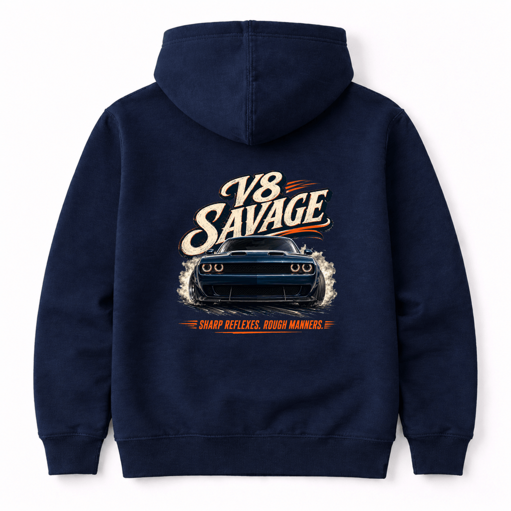 Camberline Cars V8 Savage Muscle Car Hoodie – Navy — back view showing the Camberline Cars V8 Savage Muscle Car graphic print