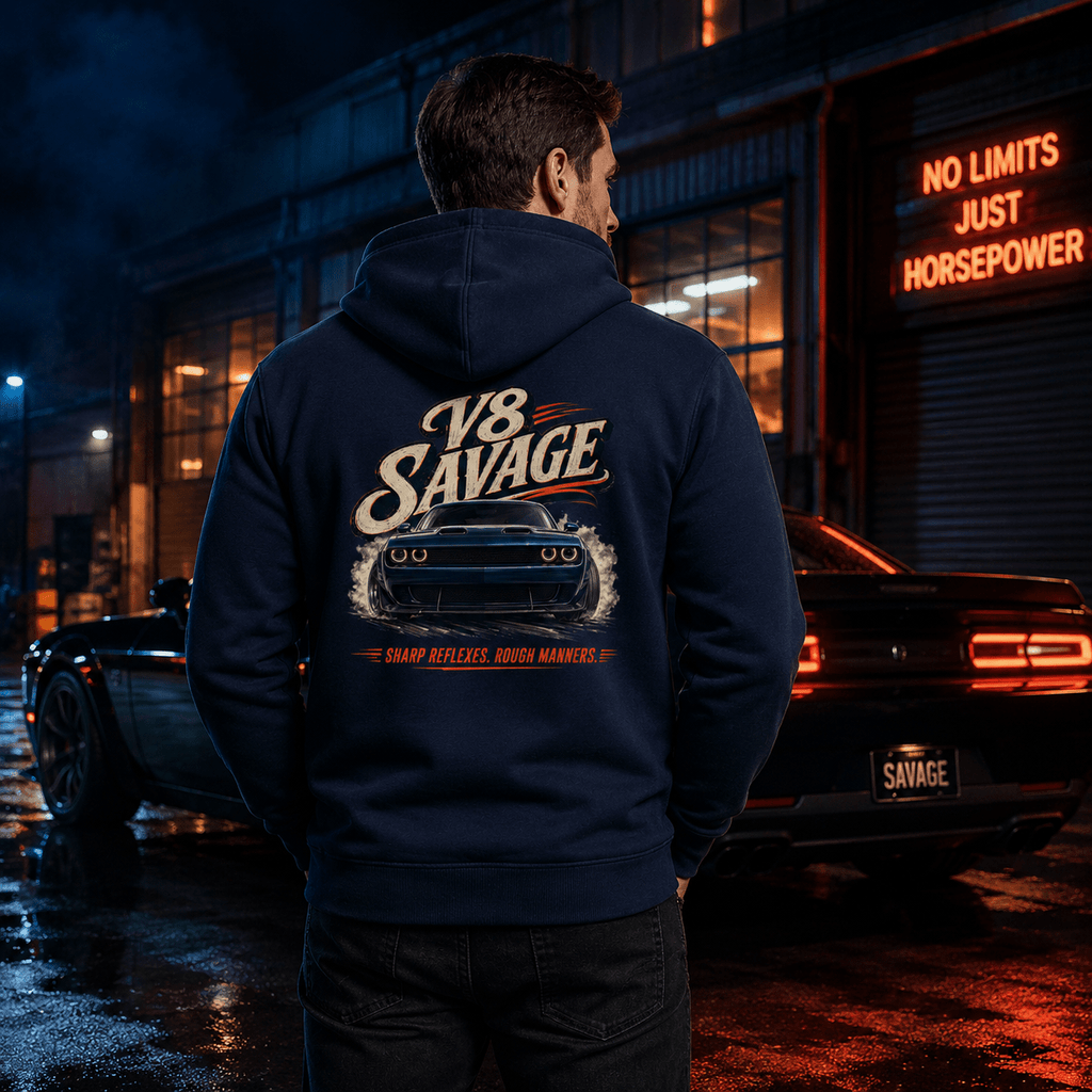 Model wearing the Camberline Cars V8 Savage Muscle Car Hoodie – Navy, styled in a car culture setting