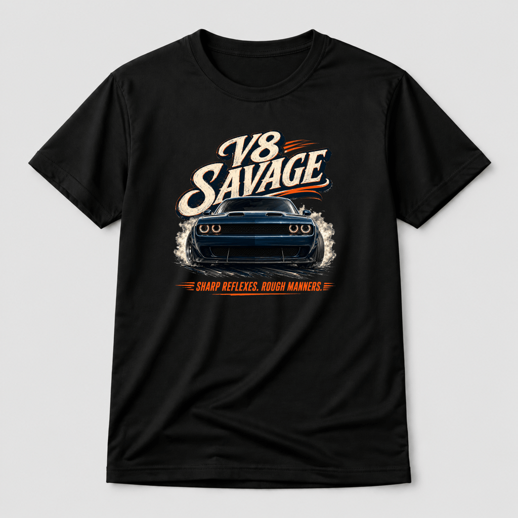 Camberline Cars V8 Savage Muscle Car T-Shirt – Black — front view showing the Camberline Cars V8 Savage Muscle Car graphic print