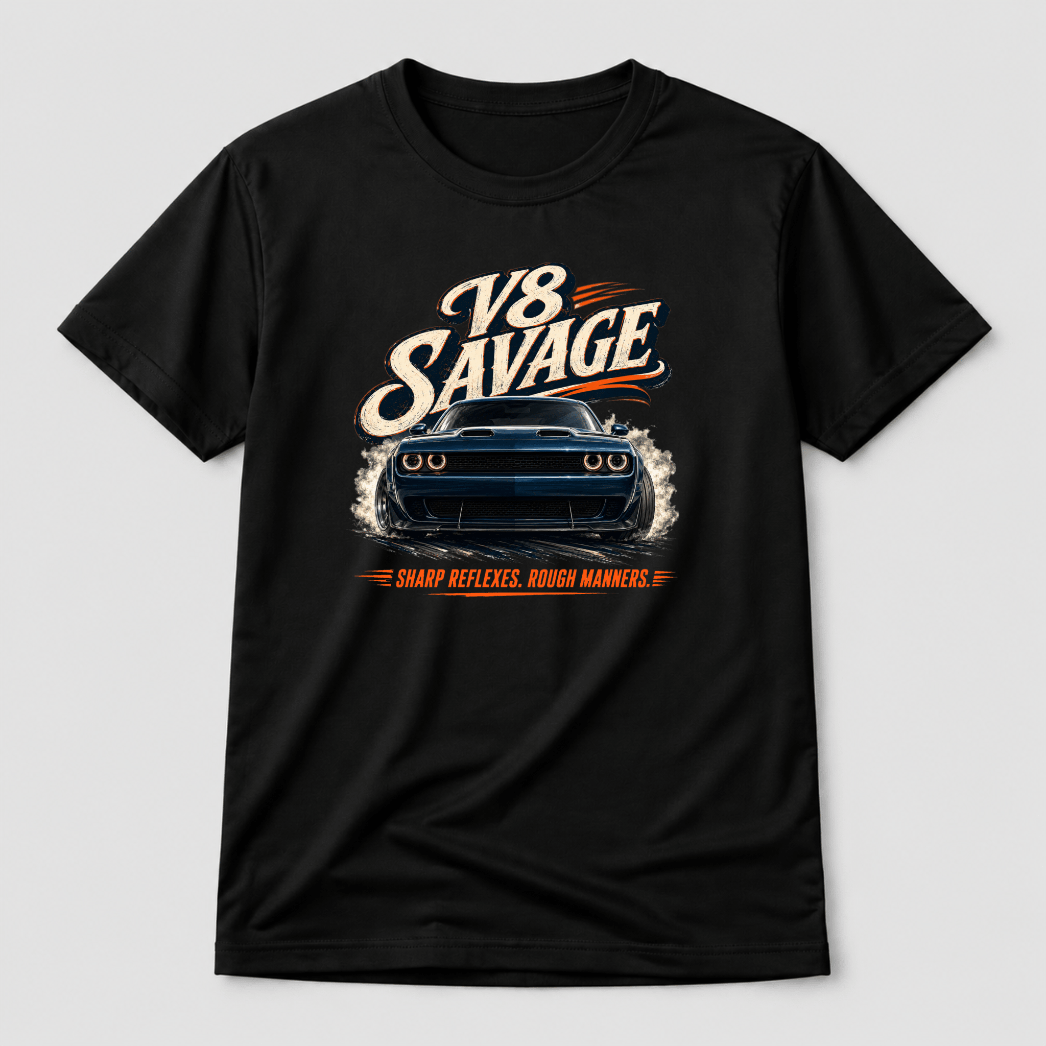 Camberline Cars V8 Savage Muscle Car T-Shirt – Black — front view showing the Camberline Cars V8 Savage Muscle Car graphic print