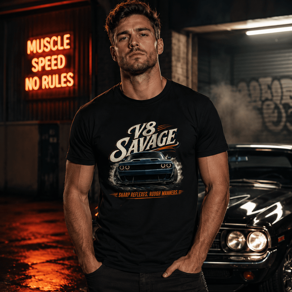 Model wearing the Camberline Cars V8 Savage Muscle Car T-Shirt – Black, styled in a car culture setting