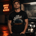 Model wearing the Camberline Cars V8 Savage Muscle Car T-Shirt – Black, styled in a car culture setting