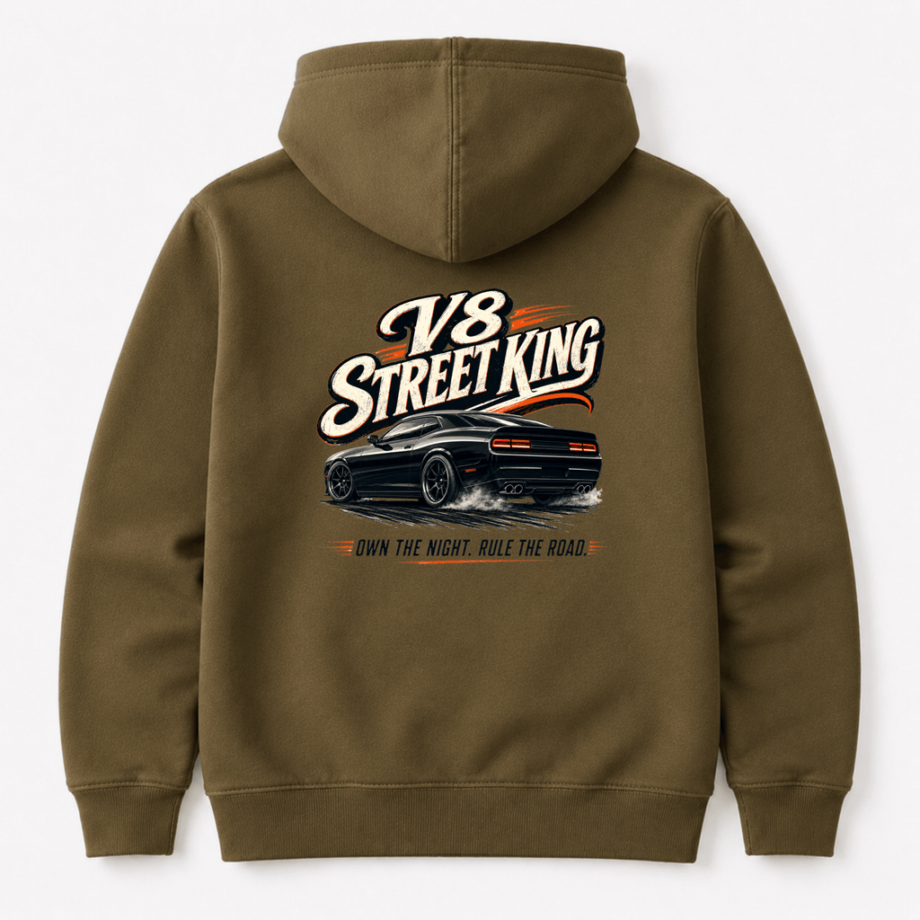 Camberline Cars V8 Street King Muscle Car Hoodie – Combat Green — back view showing the Camberline Cars V8 Street King Muscle Car graphic print