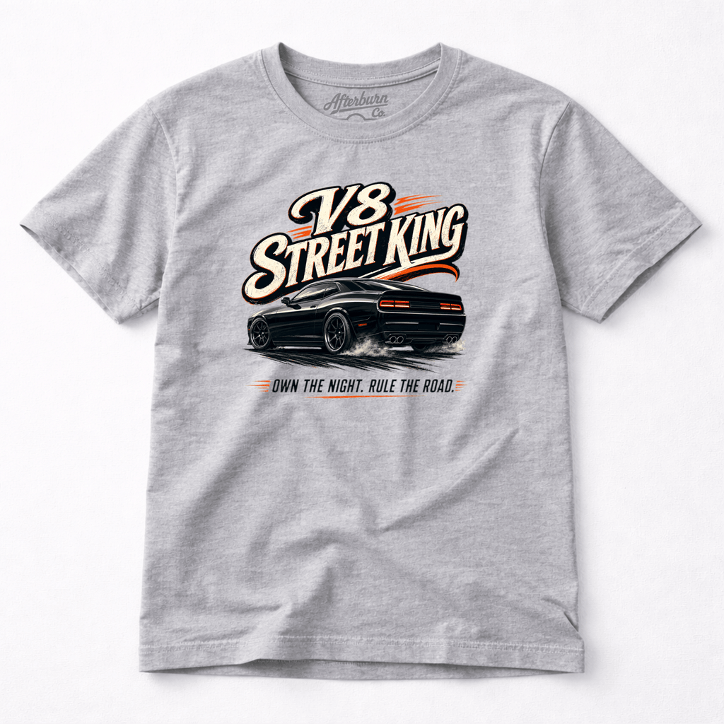 Camberline Cars V8 Street King Muscle Car T-Shirt – Sport Grey — front view showing the Camberline Cars V8 Street King Muscle Car graphic print