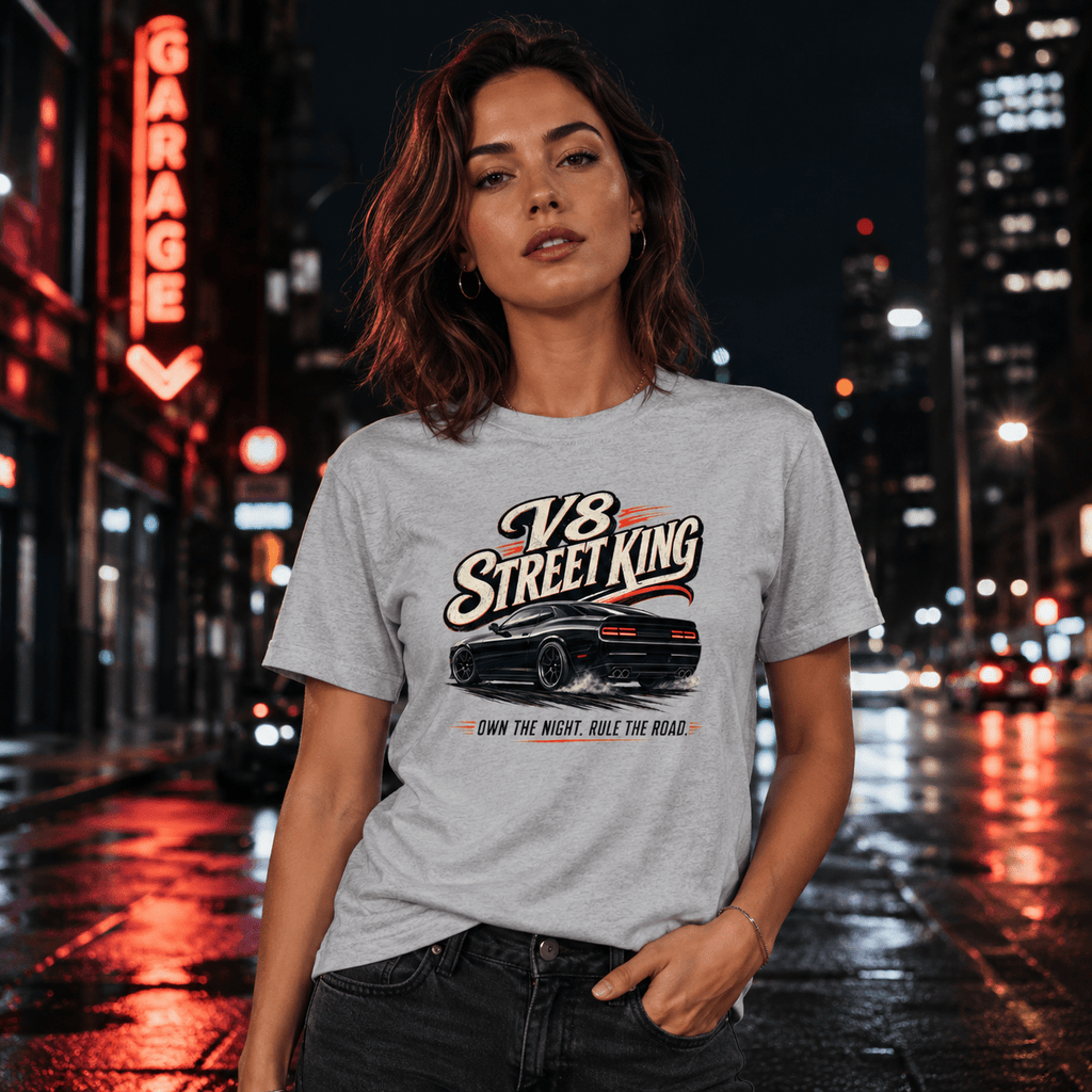 Model wearing the Camberline Cars V8 Street King Muscle Car T-Shirt – Sport Grey, styled in a car culture setting