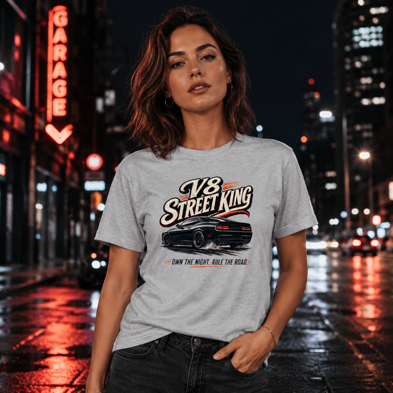 Model wearing the Camberline Cars V8 Street King Muscle Car T-Shirt – Sport Grey, styled in a car culture setting