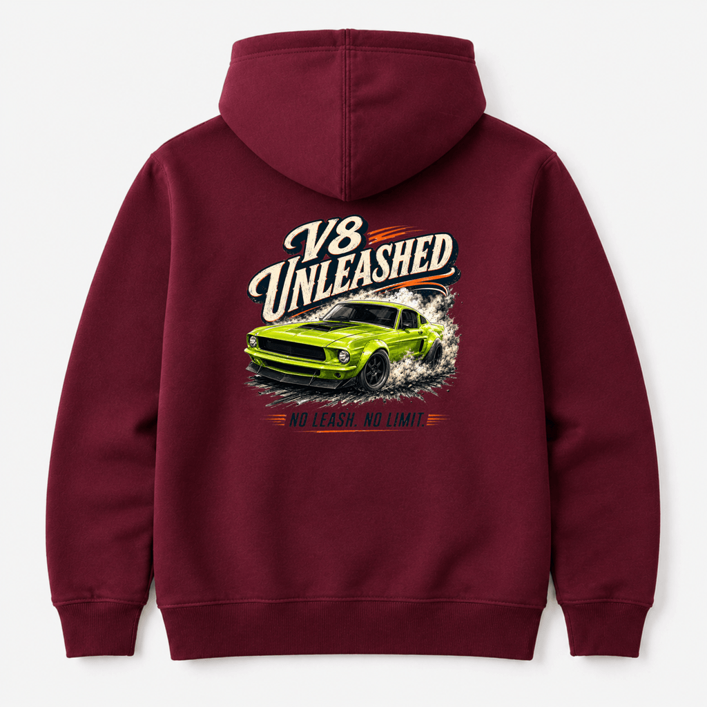 Camberline Cars V8 Unleashed Muscle Car Hoodie – Burgundy — back view showing the Camberline Cars V8 Unleashed Muscle Car graphic print