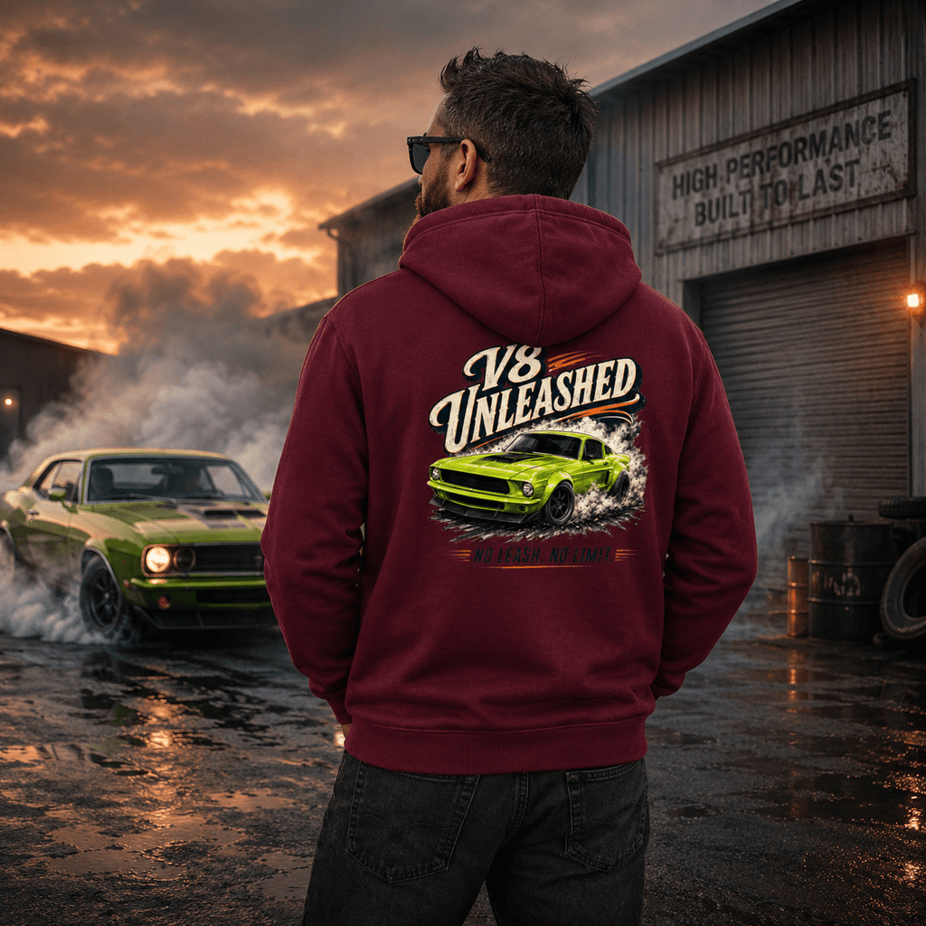 Model wearing the Camberline Cars V8 Unleashed Muscle Car Hoodie – Burgundy, styled in a car culture setting