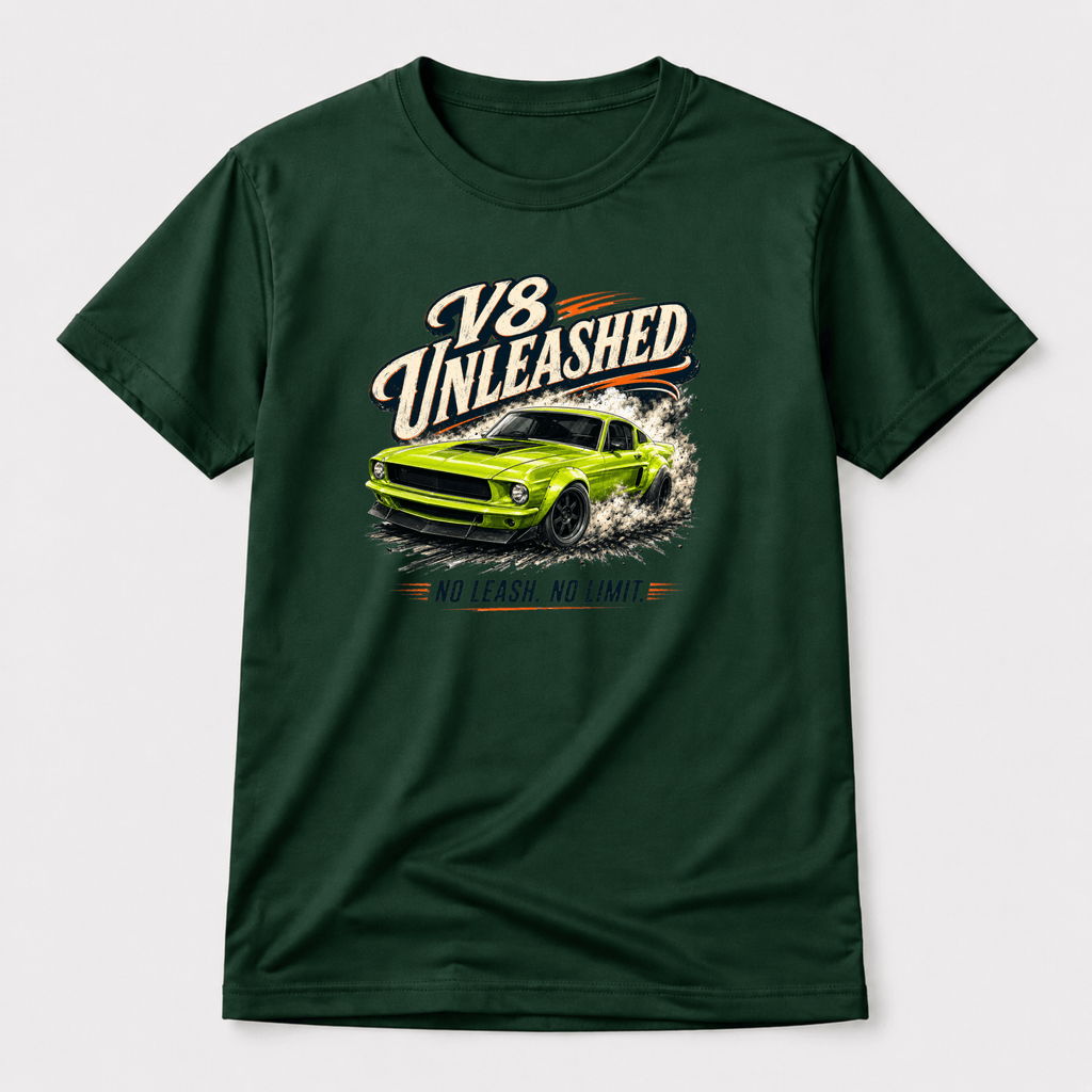 Camberline Cars V8 Unleashed Muscle Car T-Shirt – Forest Green — front view showing the Camberline Cars V8 Unleashed Muscle Car graphic print