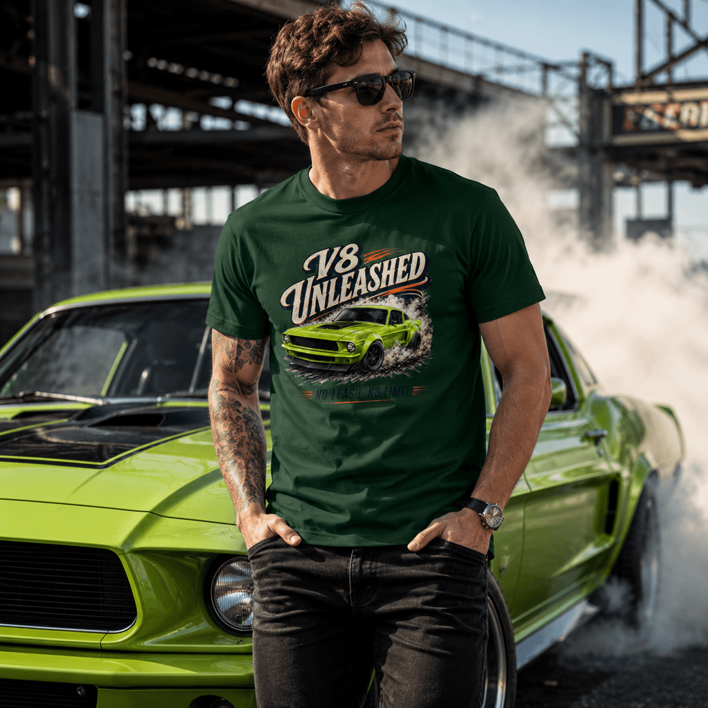 Model wearing the Camberline Cars V8 Unleashed Muscle Car T-Shirt – Forest Green, styled in a car culture setting