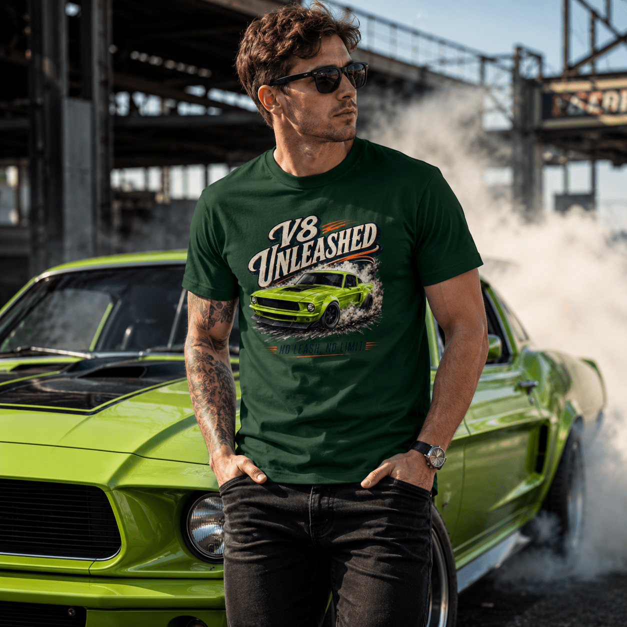 Model wearing the Camberline Cars V8 Unleashed Muscle Car T-Shirt – Forest Green, styled in a car culture setting