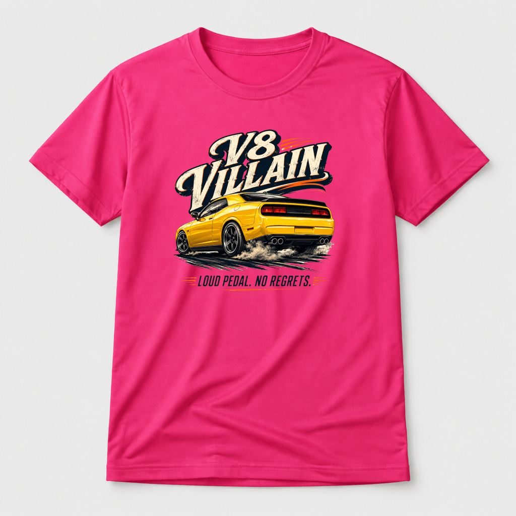 Camberline Cars V8 Villain Muscle Car T-Shirt in Hot Pink — front view showing the Camberline Cars graphic print
