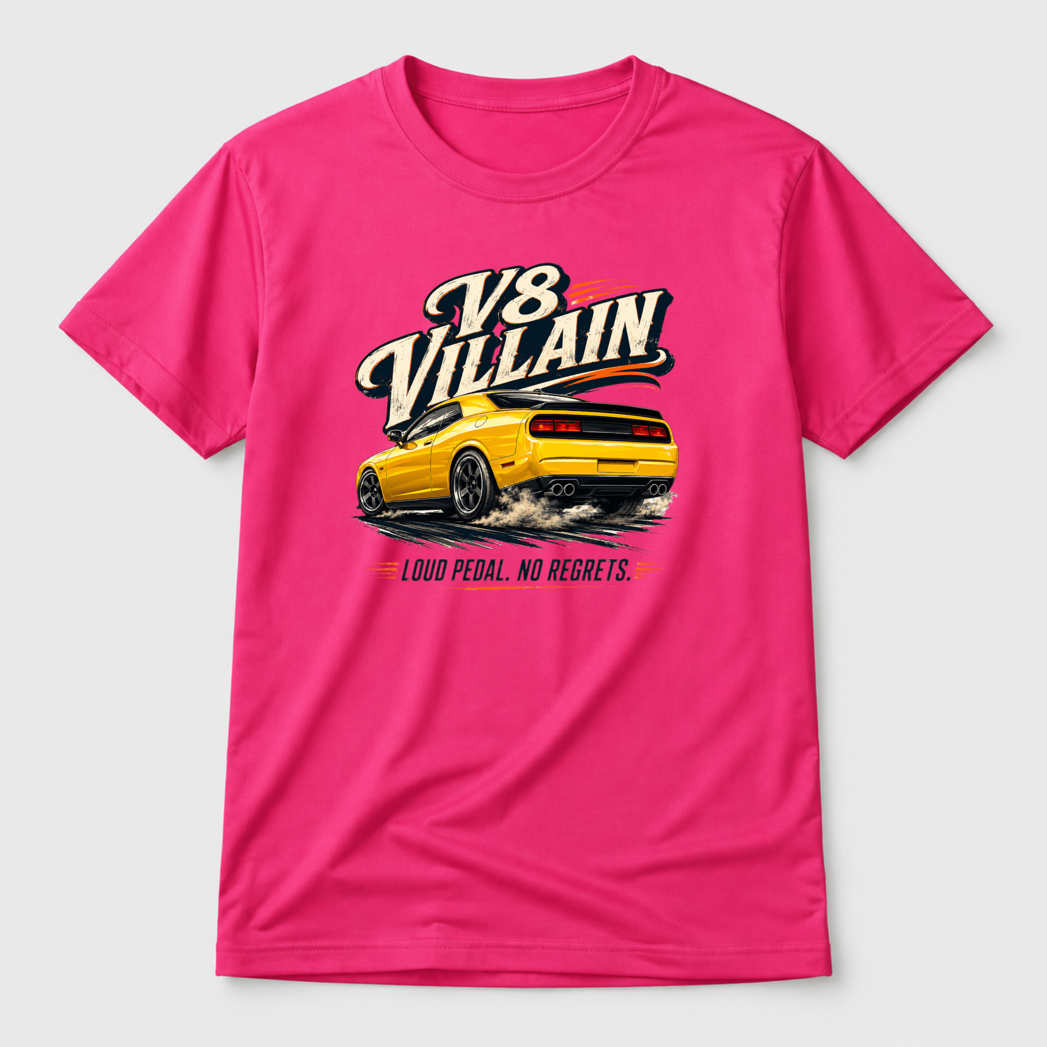 Camberline Cars V8 Villain Muscle Car T-Shirt in Hot Pink — front view showing the Camberline Cars graphic print