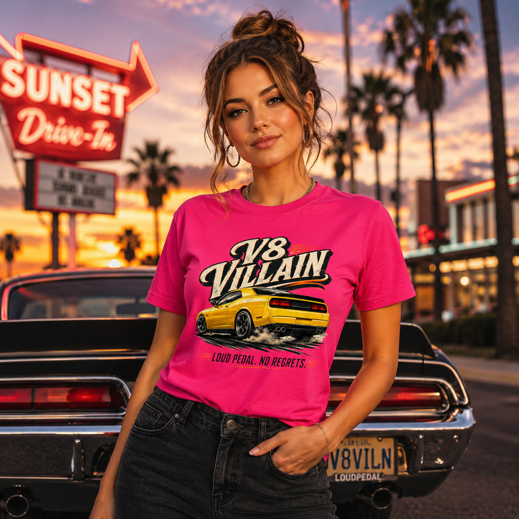 Model wearing the Camberline Cars V8 Villain Muscle Car T-Shirt – Hot Pink, showing the automotive graphic in a car culture setting