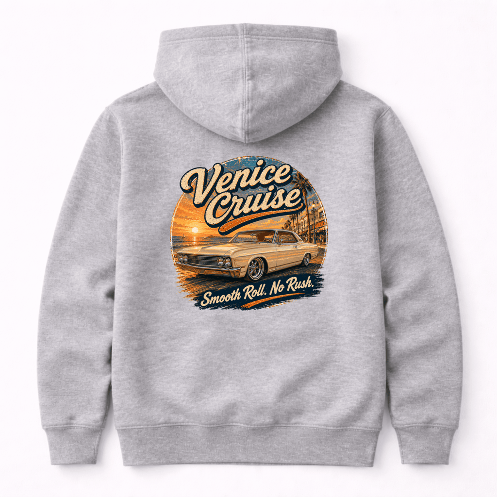 Camberline Cars Venice Cruise Muscle Car Hoodie in Heather Grey — back view showing the Camberline Cars graphic print