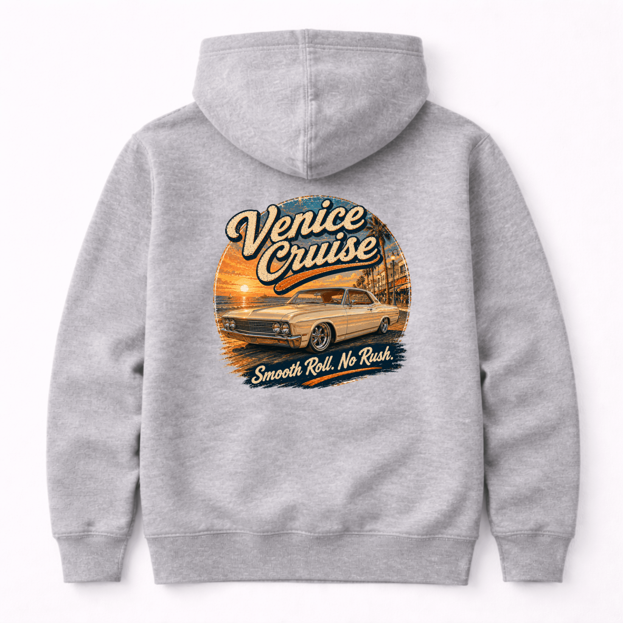 Camberline Cars Venice Cruise Muscle Car Hoodie in Heather Grey — back view showing the Camberline Cars graphic print