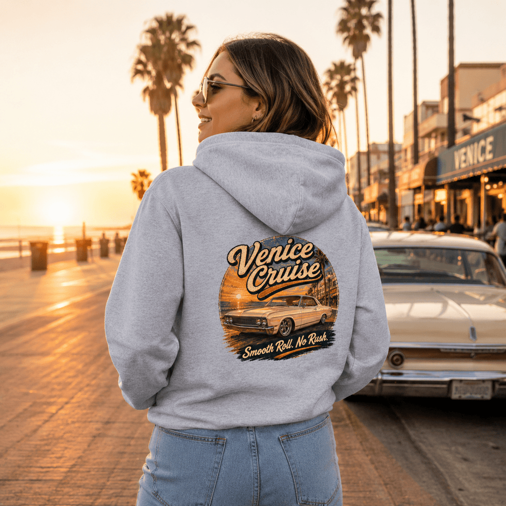 Model wearing the Camberline Cars Venice Cruise Muscle Car Hoodie – Heather Grey, showing the automotive graphic in a car culture setting