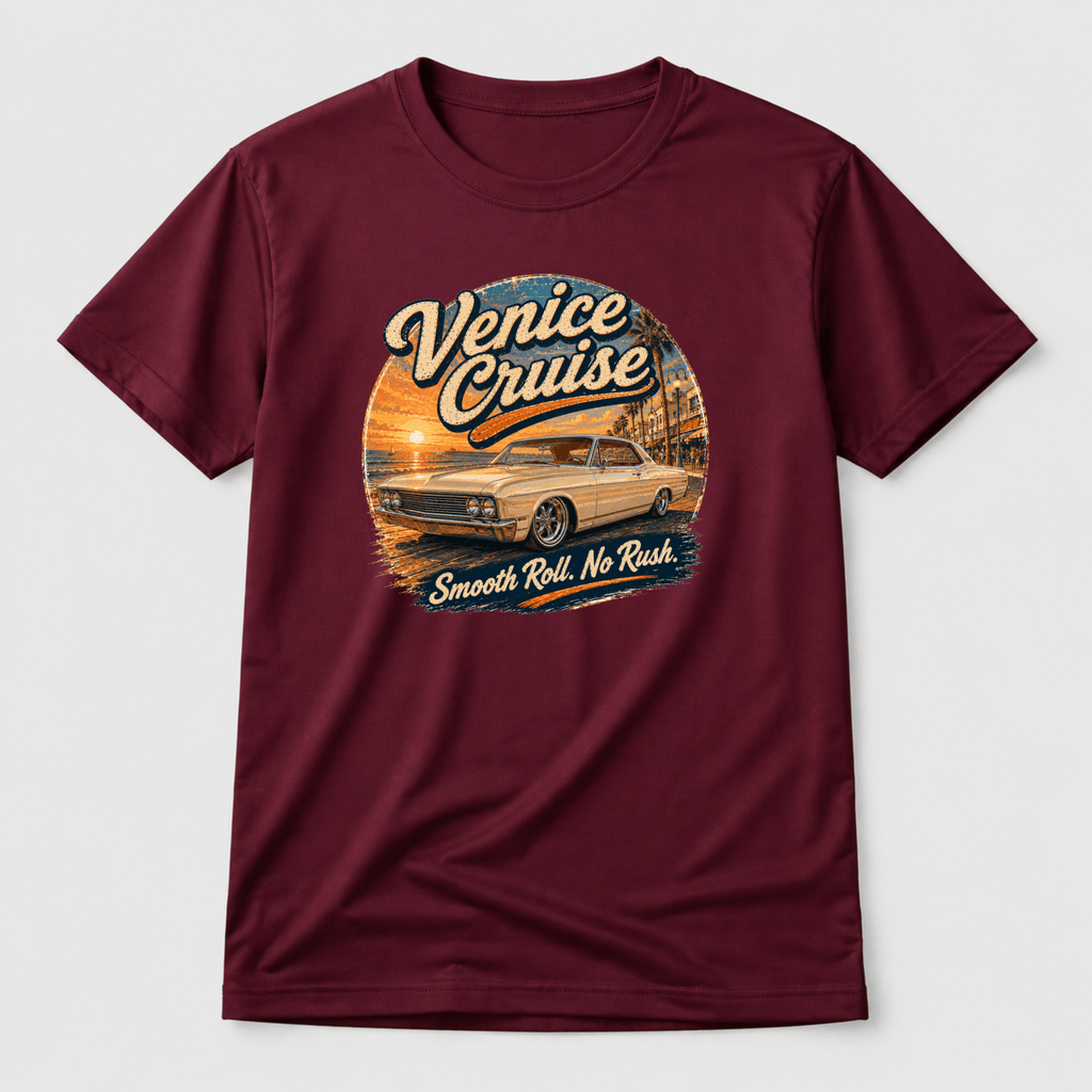 Camberline Cars Venice Cruise Muscle Car T-Shirt in Maroon — front view showing the Camberline Cars graphic print