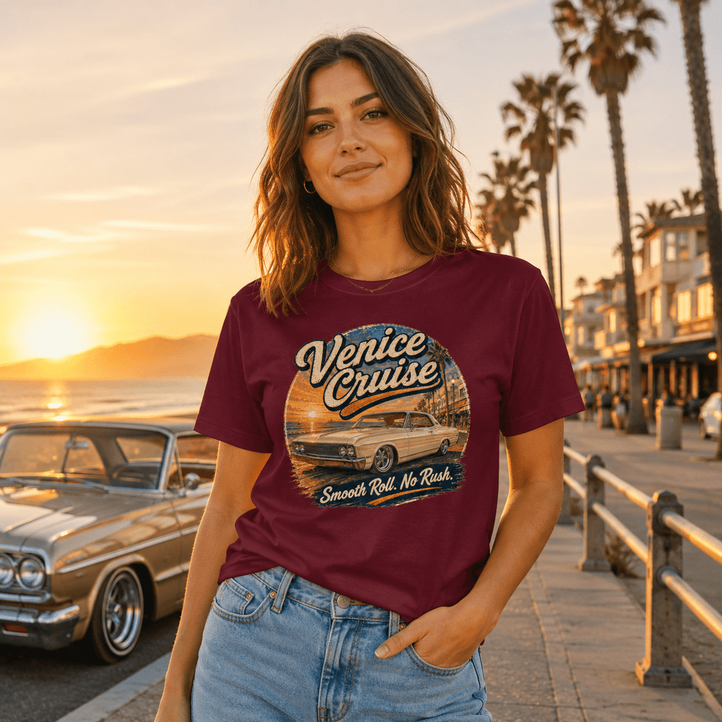 Model wearing the Camberline Cars Venice Cruise Muscle Car T-Shirt – Maroon, showing the automotive graphic in a car culture setting