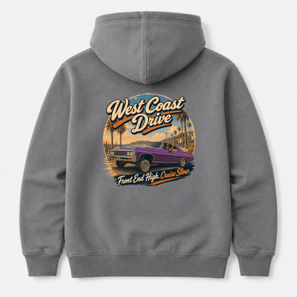 Camberline Cars West Coast Drive Lowrider Hoodie in Heather Grey — back view showing the Camberline Cars graphic print