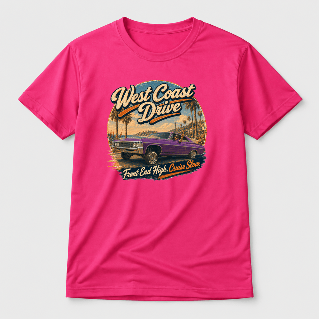 Camberline Cars West Coast Drive Lowrider T-Shirt in Hot Pink — front view showing the Camberline Cars graphic print