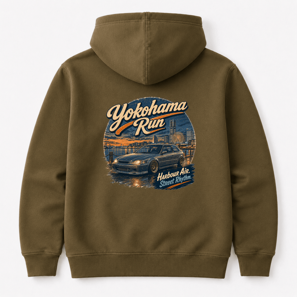 Camberline Cars Yokohama Run Hot Hatch Hoodie in Combat Green — back view showing the Camberline Cars graphic print