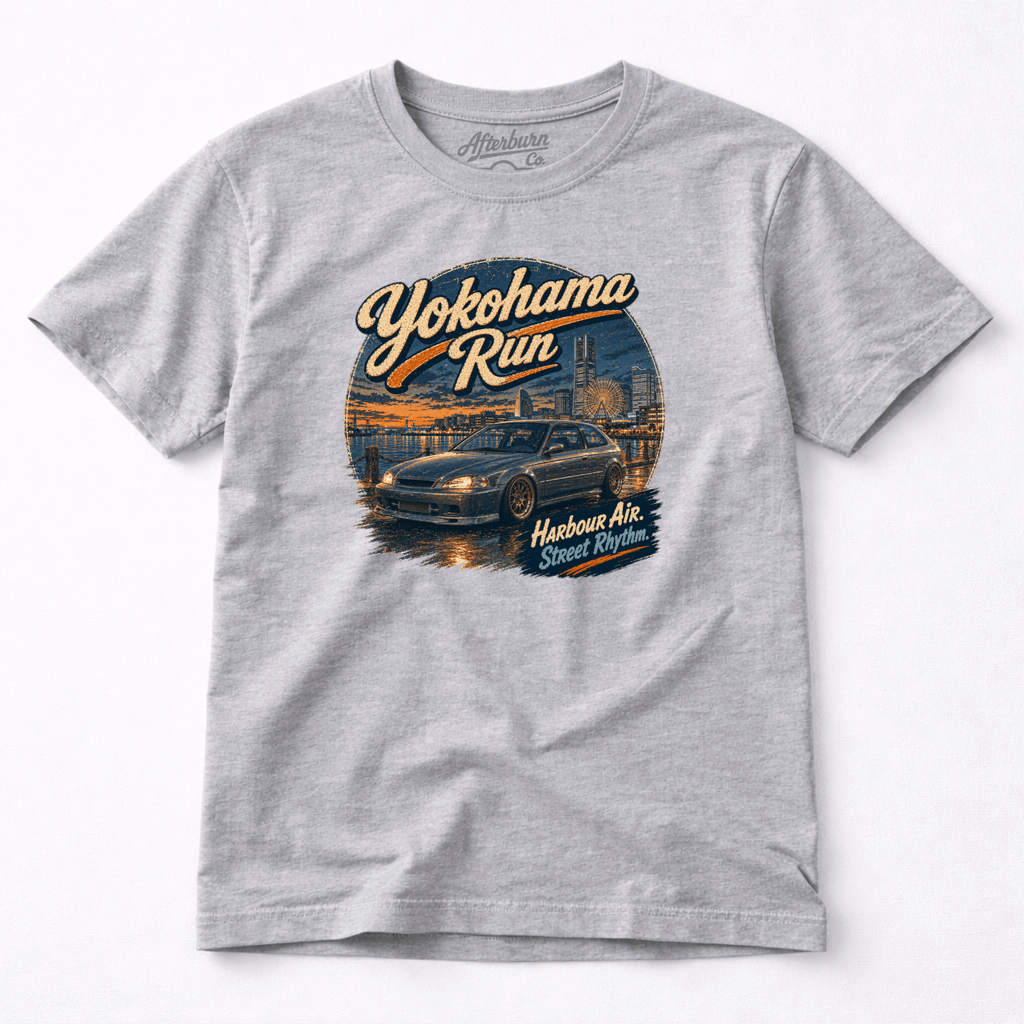 Camberline Cars Yokohama Run Hot Hatch T-Shirt in Sport Grey — front view showing the Camberline Cars graphic print