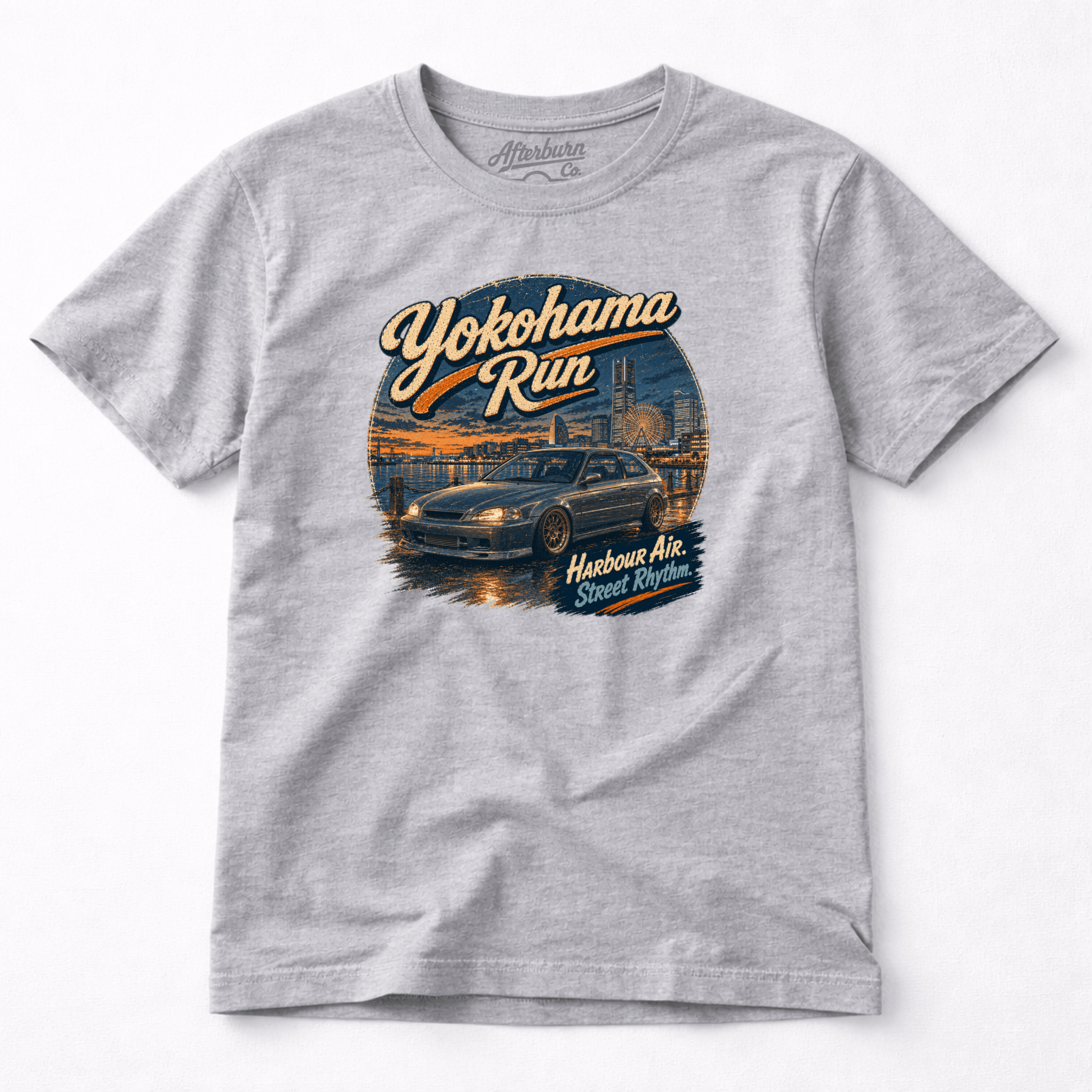 Camberline Cars Yokohama Run Hot Hatch T-Shirt in Sport Grey — front view showing the Camberline Cars graphic print