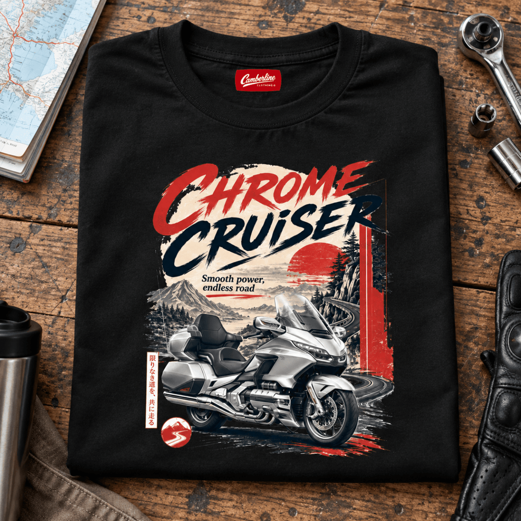 Camberline Chrome Cruiser touring motorcycle black T-shirt front print on a long-distance rider bench