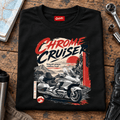 Camberline Chrome Cruiser touring motorcycle black T-shirt front print on a long-distance rider bench