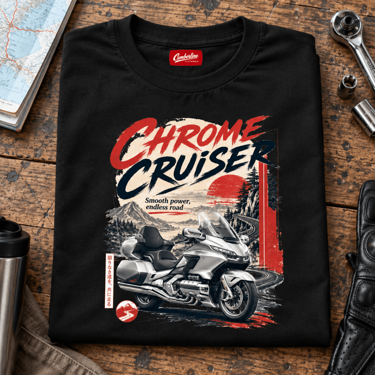 Camberline Chrome Cruiser touring motorcycle black T-shirt front print on a long-distance rider bench