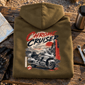 Camberline Chrome Cruiser touring motorcycle khaki hoodie back print on a long-distance rider bench