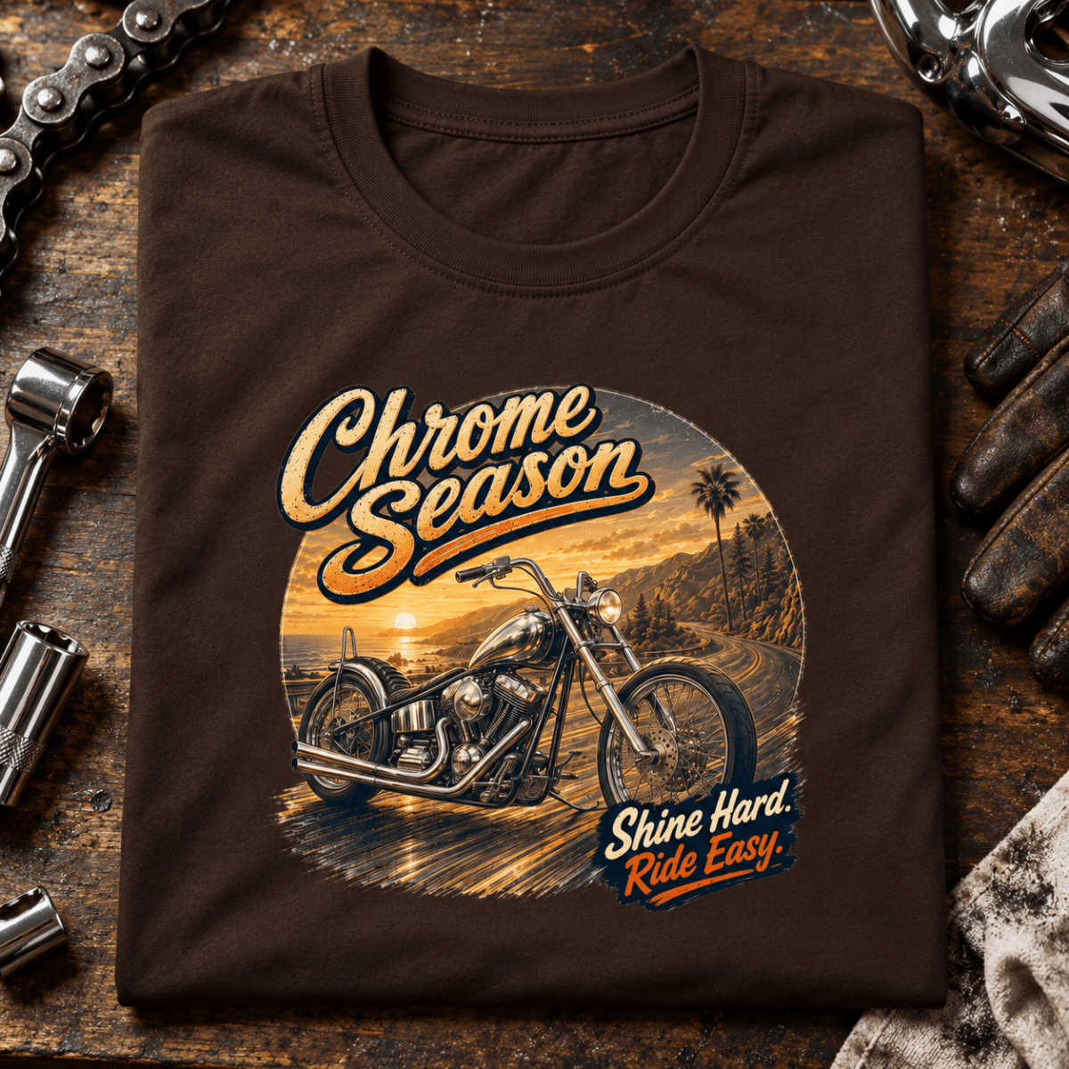 Camberline Chrome Season custom chopper brown T-shirt front print on a chrome bike-builder bench