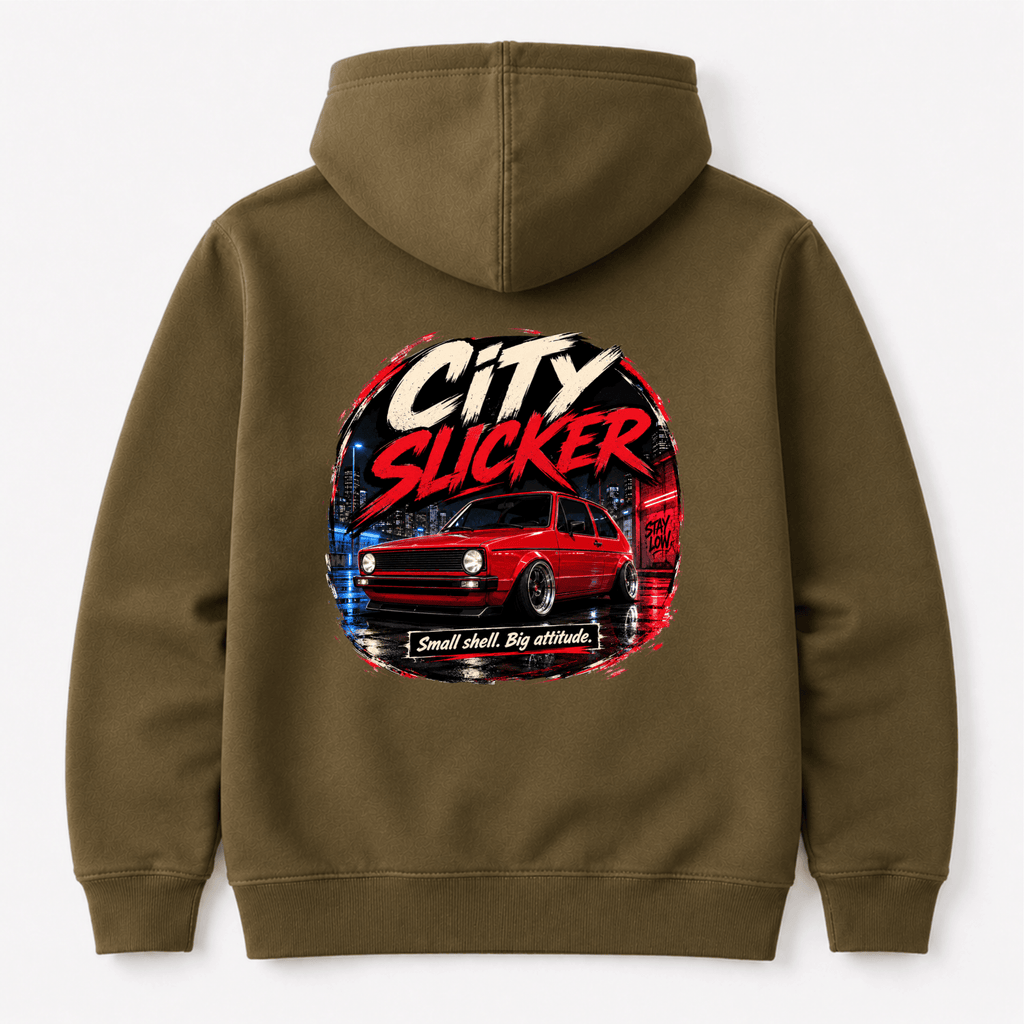 Camberline Cars City Slicker Small Shell Big Attitude Stance Hatchback Hoodie in Combat Green showing back graphic