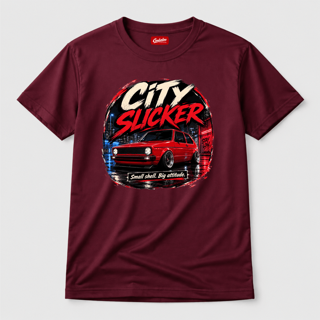 Camberline Cars City Slicker Small Shell Big Attitude Stance Hatchback T-Shirt in Burgundy showing front graphic