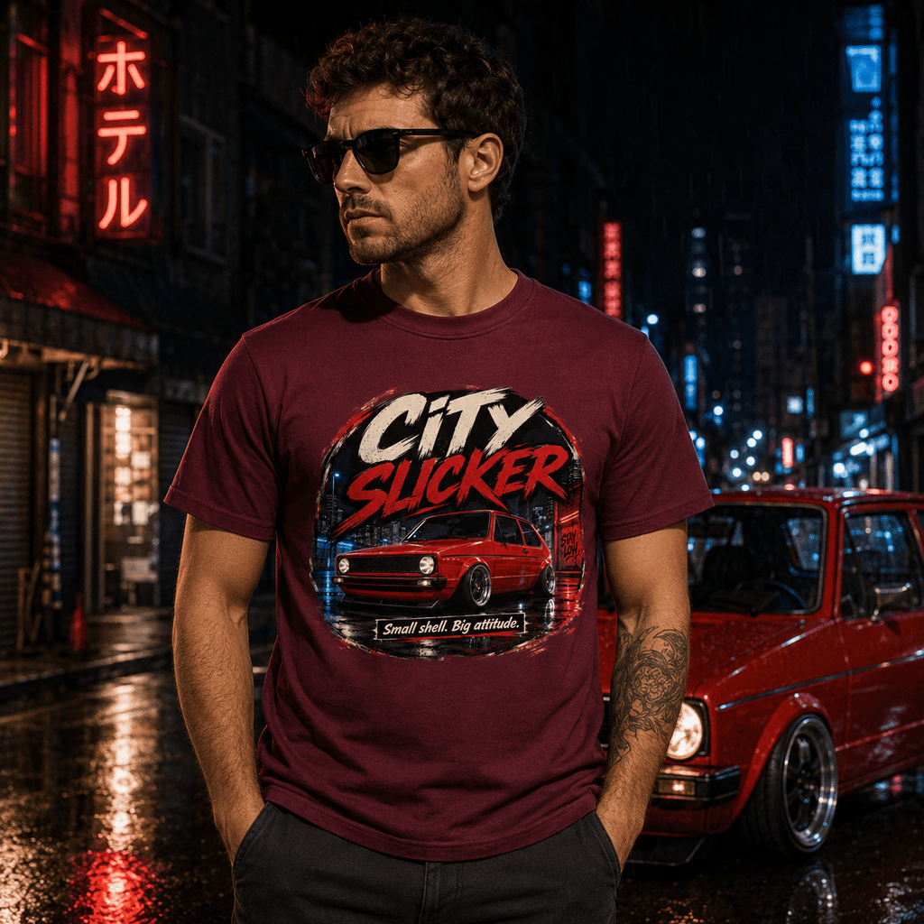 Model wearing Camberline Cars City Slicker Small Shell Big Attitude Stance Hatchback T-Shirt in Burgundy