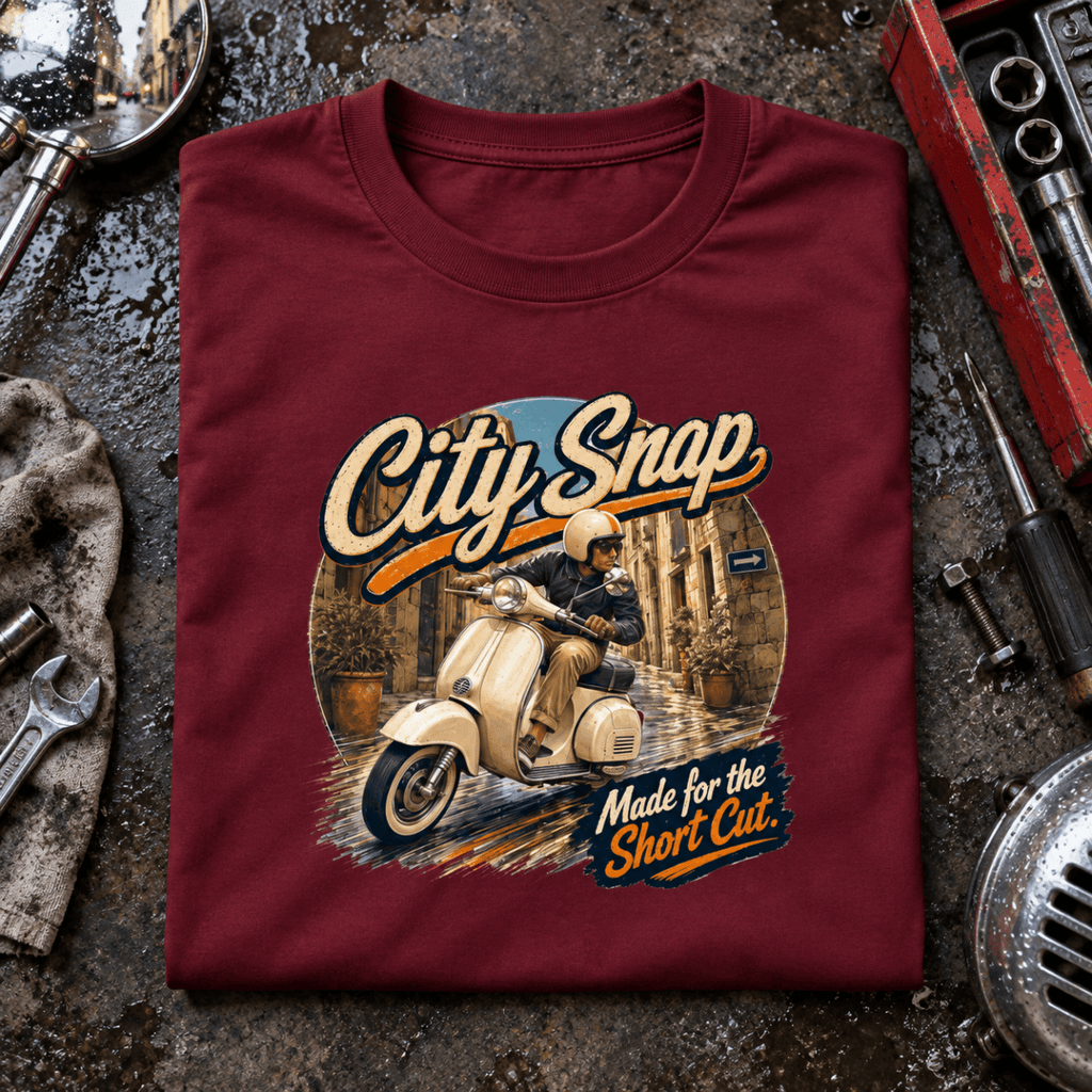 Camberline City Snap classic scooter burgundy T-shirt front print in an urban workshop