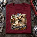 Camberline City Snap classic scooter burgundy T-shirt front print in an urban workshop