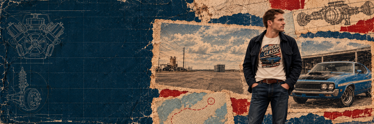 A man wearing a graphic t-shirt and leather jacket stands in front of a rustic, distressed collage background featuring a blue muscle car, engine schematics, and a vintage photo.