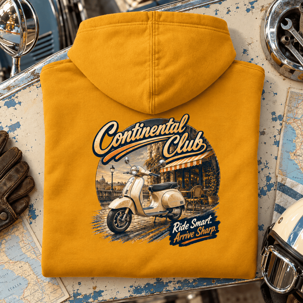 Camberline Classic Scooter Graphic Hoodie - Continental Club Vintage Mod mustard themed garment hero