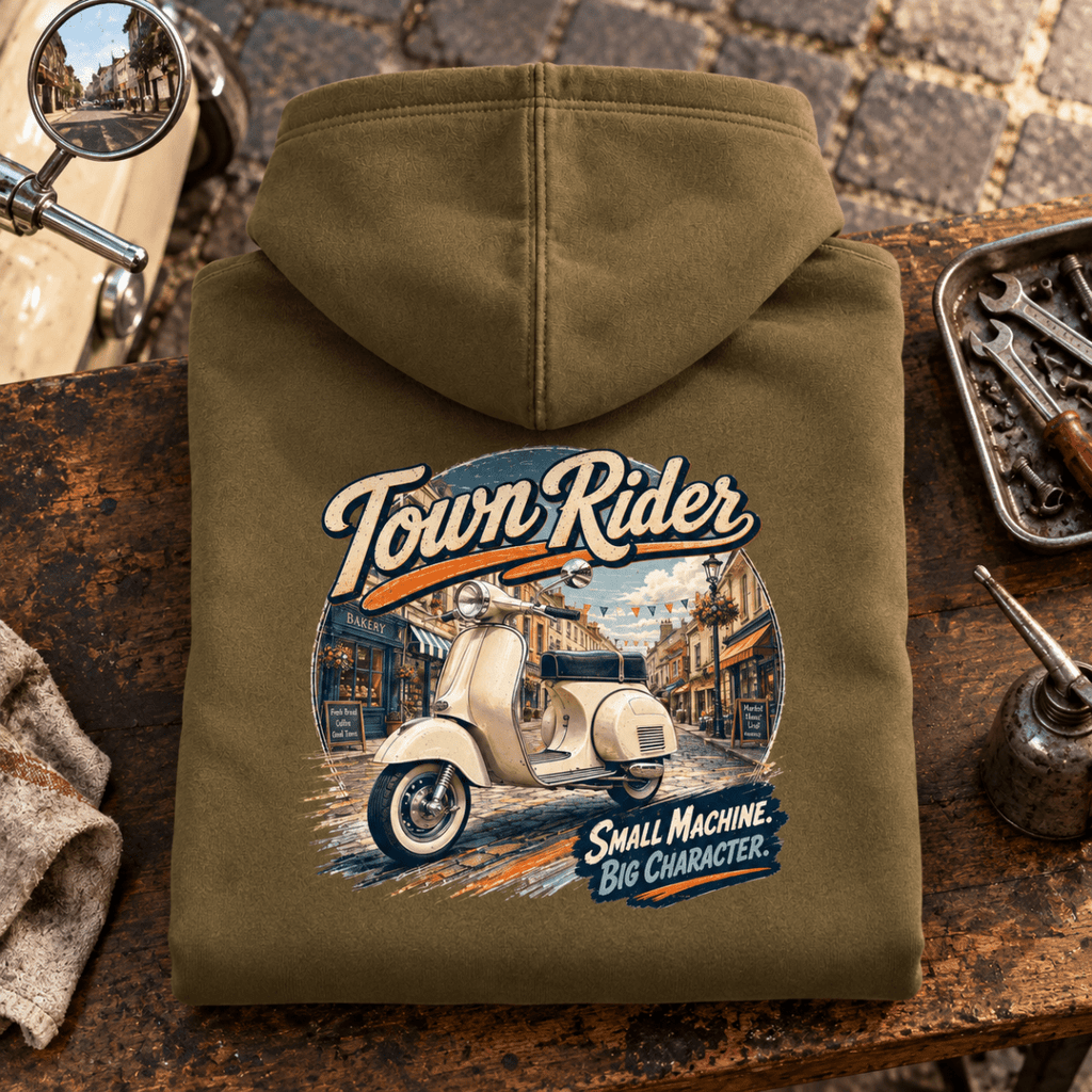 Camberline Classic Scooter Graphic Hoodie - Town Vintage Mod Scene khaki themed garment hero