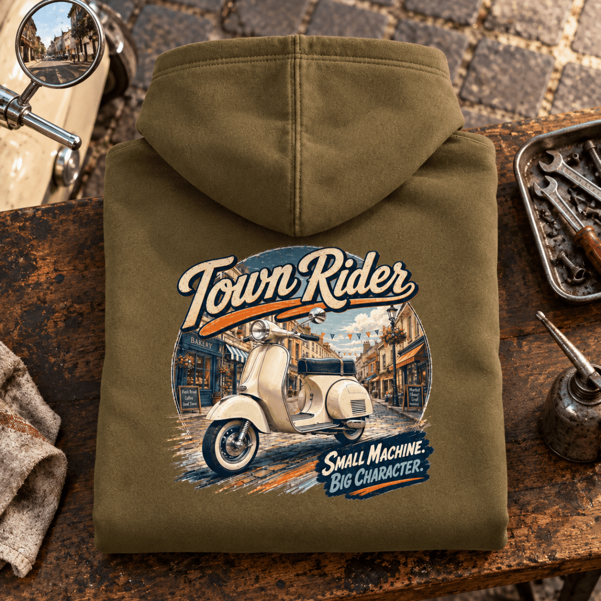 Camberline Classic Scooter Graphic Hoodie - Town Vintage Mod Scene khaki themed garment hero