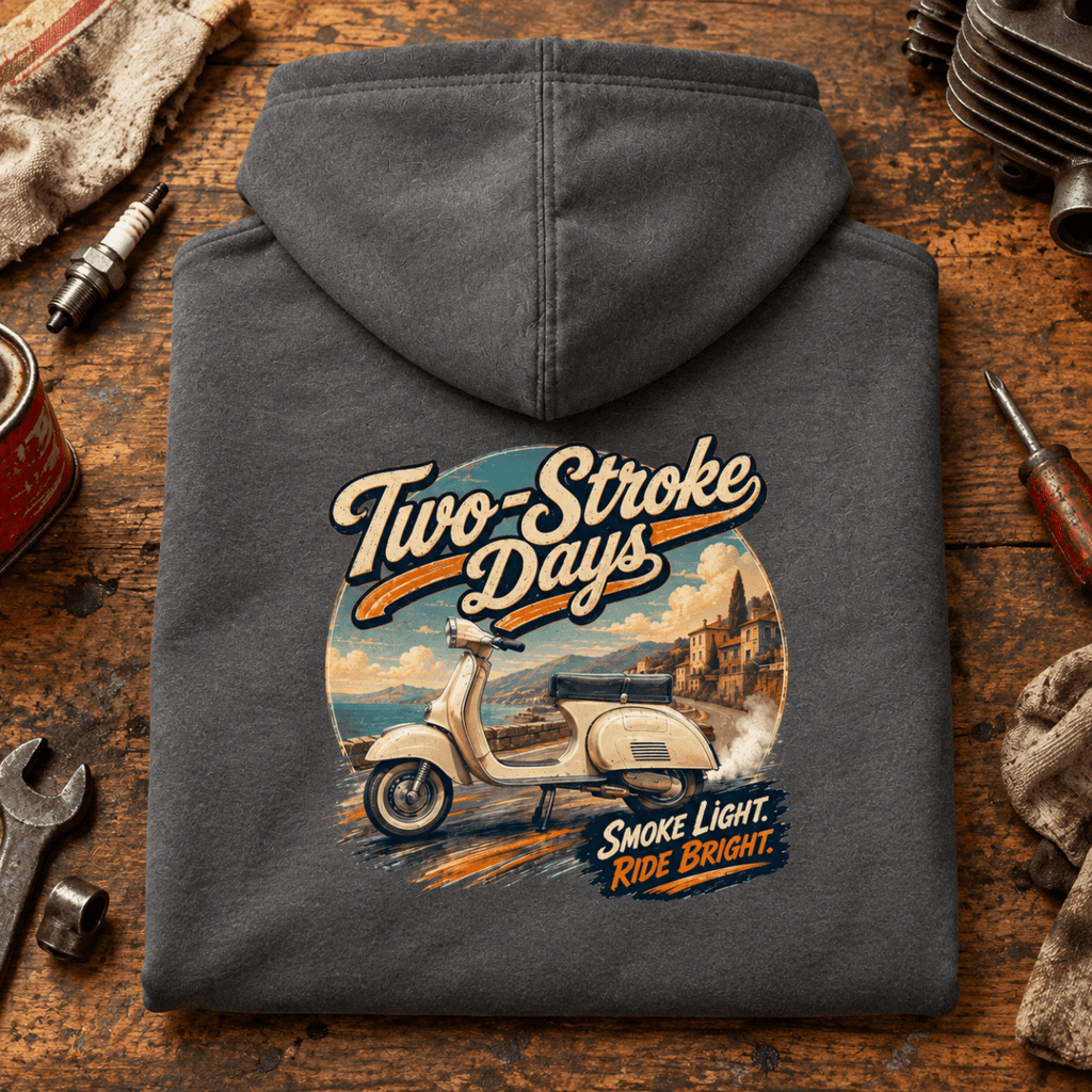 Camberline Classic Scooter Graphic Hoodie - Two Stroke Days Vintage Mod Charcoal charcoal themed garment hero