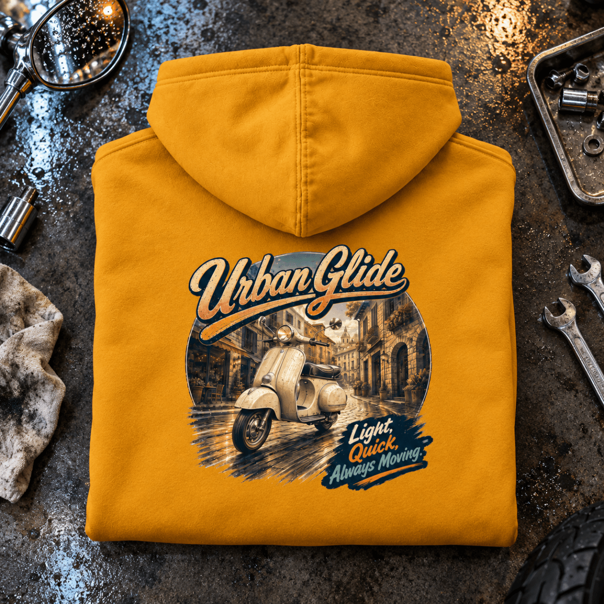 Camberline Classic Scooter Graphic Hoodie - Urban Glide Mod mustard themed garment hero