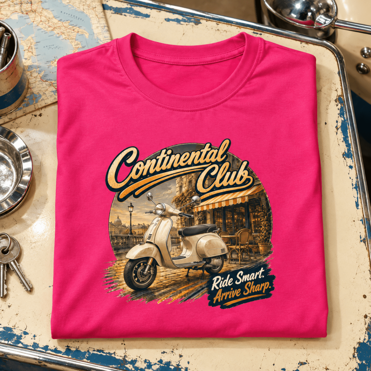 Camberline Classic Scooter Graphic T-Shirt - Continental Club Vintage Mod pink themed garment hero
