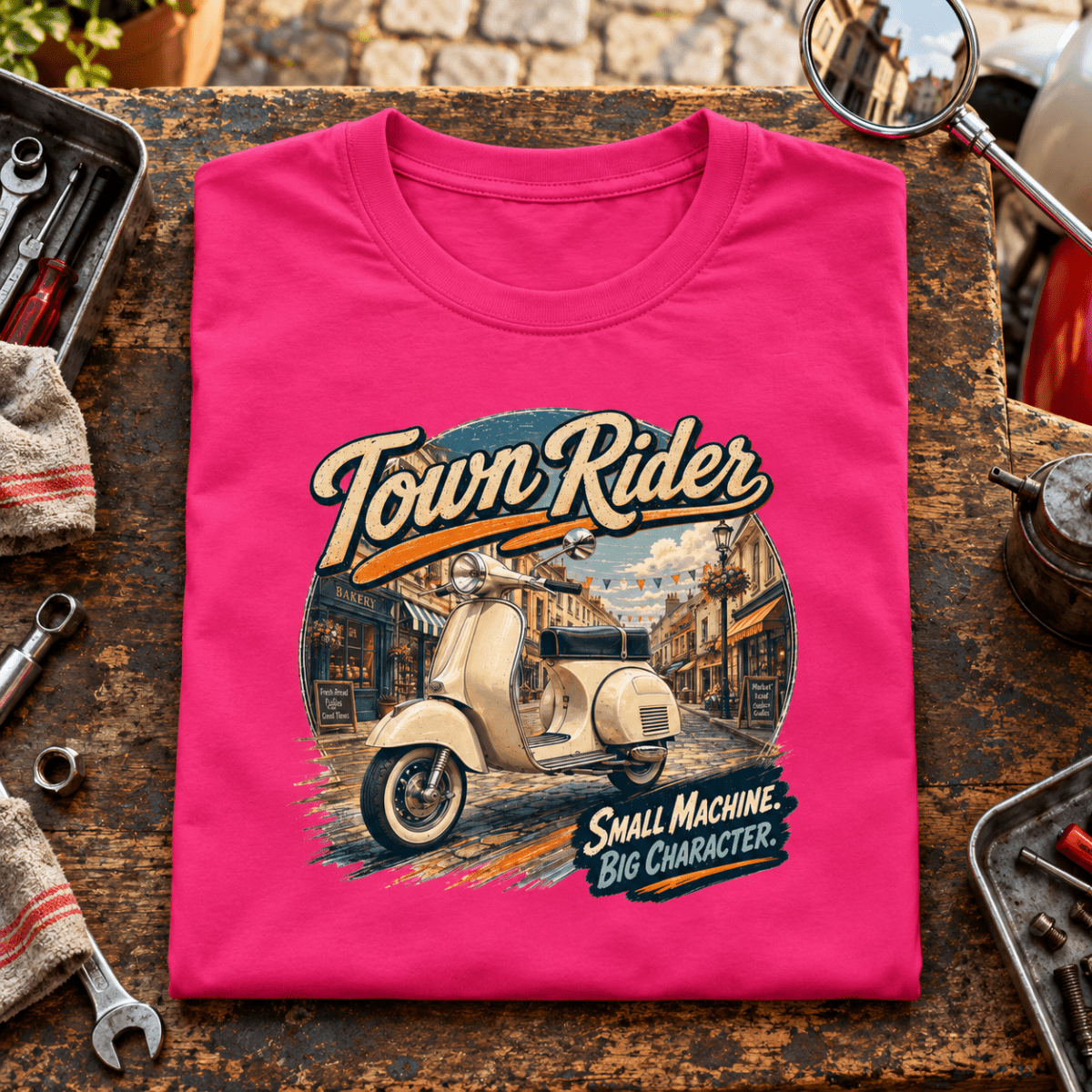 Camberline Classic Scooter Graphic T-Shirt - Town Vintage Mod Scene pink themed garment hero