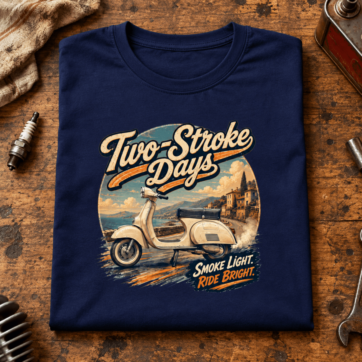 Camberline Classic Scooter Graphic T-Shirt - Two Stroke Days Vintage Mod navy themed garment hero