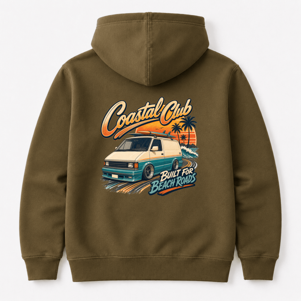 Camberline Coastal Club Built for Beach Roads slammed retro van and palm tree sunset, olive hoodie, back view