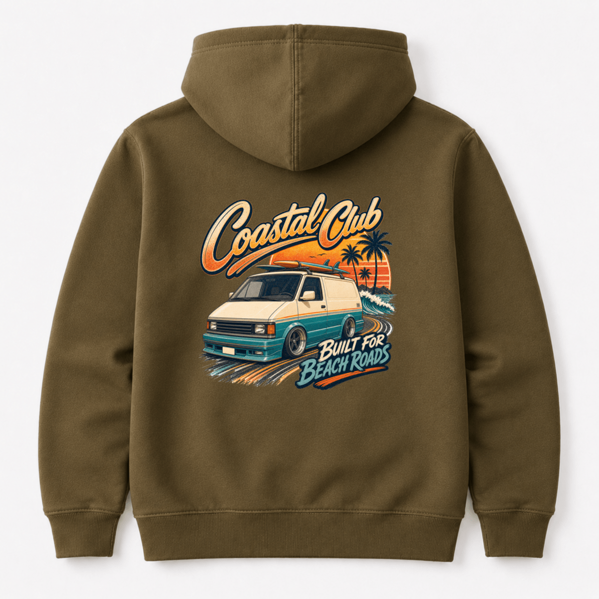 Camberline Coastal Club Built for Beach Roads slammed retro van and palm tree sunset, olive hoodie, back view