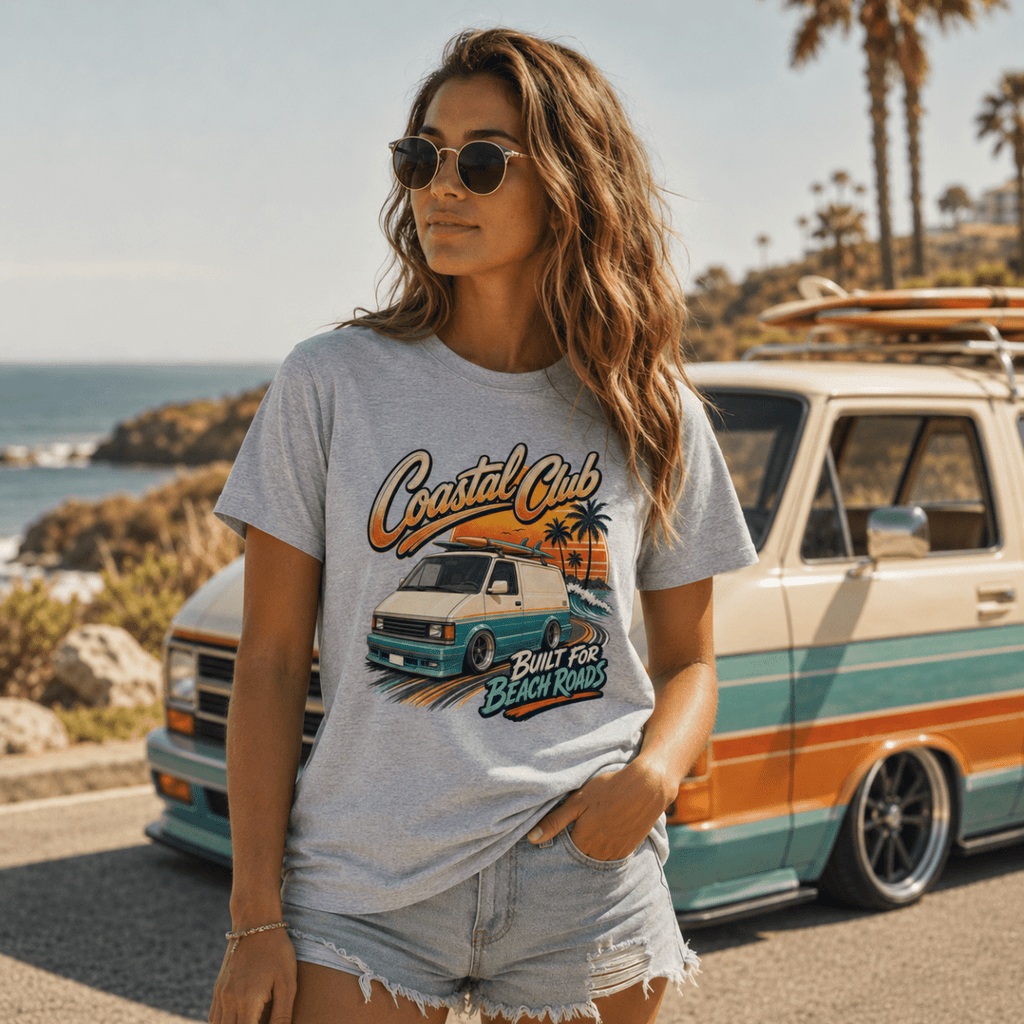 Model wearing Camberline grey marl van life t-shirt showing Coastal Club Built for Beach Roads slammed retro van and palm tree sunset on chest